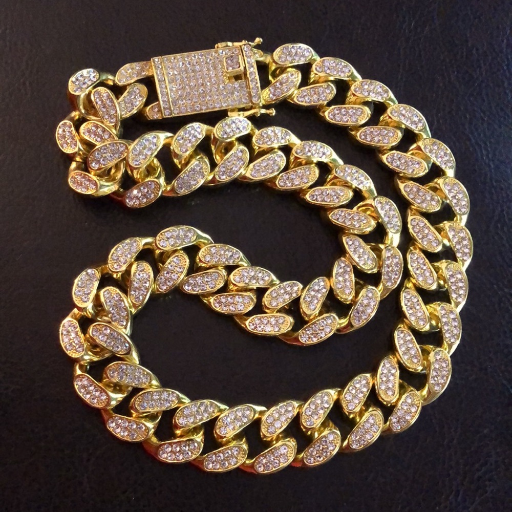 Gold Crystal Cuban Link Chain Necklace Chunky Bling 18mm Wide 20”